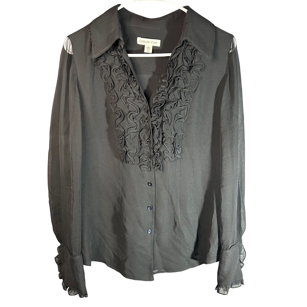 Coldwater Creek Women Black 100% Silk Ruffle Front V-Neck Blouse Top Size M